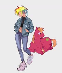 Size: 1128x1332 | Tagged: safe, artist:mitbii, big macintosh, rainbow dash, earth pony, human, pony, g4, clothes, denim jacket, hand in pocket, humanized, jeans, pants, ponytail, shoes, simple background, white background