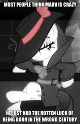 Size: 573x885 | Tagged: safe, edit, edited screencap, screencap, rarity, pony, unicorn, g4, sparkle's seven, caption, clothes, coat, costume, cropped, crossed legs, detective, detective rarity, fedora, hat, hat over eyes, image macro, leaning, lidded eyes, meme, monochrome, neo noir, partial color, sin city, text