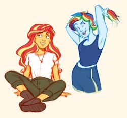 Size: 1815x1683 | Tagged: safe, artist:liviedoesart, rainbow dash, sunset shimmer, equestria girls, g4, armpits, blouse, clothes, jewelry, necklace, pants, shirt, shoes, shorts, sitting, standing