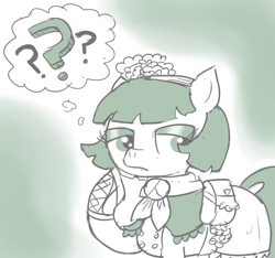 Size: 640x600 | Tagged: safe, artist:ficficponyfic, part of a set, oc, oc only, oc:mulberry telltale, cyoa:madness in mournthread, blouse, buttons, clothes, cyoa, dress, eyeshadow, flower, frills, handkerchief, headband, hoof on chin, looking to the right, makeup, monochrome, mystery, neckerchief, part of a series, question mark, satchel, simple background, story included, straight mane, thinking, well dressed pony