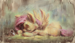 Size: 1200x693 | Tagged: safe, artist:assasinmonkey, angel bunny, fluttershy, pegasus, pony, rabbit, g4, animal, digital painting, duo, eyes closed, female, male, mare, prone, signature, solo focus, spread wings, wings