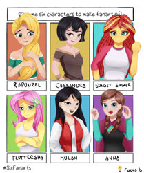 Size: 1280x1529 | Tagged: safe, artist:focusb, fluttershy, sunset shimmer, human, equestria girls, g4, anna, anna (frozen), cassandra, clothes, crossed arms, crossover, disney, disney princess, fa mulan, female, frozen (movie), misspelling, mulan, out of frame, rapunzel, six fanarts, tangled (disney), tangled: the series