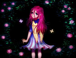 Size: 1854x1425 | Tagged: safe, artist:mite-lime, fluttershy, human, g4, clothes, cute, dress, humanized, looking at you, looking back, looking back at you, shyabetes, winged humanization, wings