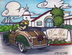 Size: 1024x783 | Tagged: safe, artist:sketchywolf-13, oc, oc only, oc:mission bell, earth pony, pony, building, car, chrysler, chrysler town & country, cloud, driving, female, mare, sky, solo, sunglasses, traditional art, yacht