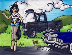 Size: 1024x788 | Tagged: safe, artist:sketchywolf-13, oc, oc only, unicorn, anthro, unguligrade anthro, bush, cadillac, car, clothes, cloud, female, ford, ford f-150, hitchhiking, pickup truck, sky, smoke, solo, traditional art
