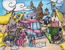 Size: 1024x792 | Tagged: safe, artist:sketchywolf-13, gilda, pinkie pie, rainbow dash, oc, earth pony, griffon, pegasus, pony, unicorn, g4, the lost treasure of griffonstone, abandoned, car, detrot, food truck, griffon oc, griffonstone, hat, kidnapped, lincoln (car), lincoln continental, peterbilt, speech bubble, text, tied up, traditional art, truck