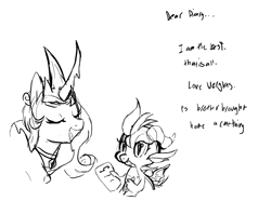 Size: 1456x1083 | Tagged: safe, artist:skulifuck, oc, oc only, oc:snowflake, oc:verglas, demon, demon pony, dragon, original species, bust, curved horn, duo, eyes closed, female, horn, lineart, monochrome, scroll, talking