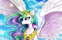 Size: 1710x1110 | Tagged: safe, artist:joselyn565, princess celestia, alicorn, pony, g4, bust, chest fluff, cloud, ear fluff, female, mare, sky, solo, spread wings, wings