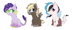 Size: 3809x1574 | Tagged: safe, artist:lejose, oc, oc only, dracony, hybrid, pegasus, pony, blank flank, colt, fangs, female, filly, heterochromia, interspecies offspring, male, offspring, parent:derpy hooves, parent:discord, parent:dumbbell, parent:princess celestia, parent:rarity, parent:spike, parents:derpbell, parents:dislestia, parents:sparity, simple background, sitting, transparent background, trio