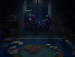 Size: 3300x2550 | Tagged: safe, artist:jac59col, shining armor, smarty pants, twilight sparkle, alicorn, pony, unicorn, g4, bedroom eyes, book, canterlot, cuddling, donut, food, high res, night, pizza, playstation, siblings, super nintendo, twilight sparkle (alicorn)