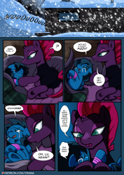 Size: 2480x3508 | Tagged: safe, artist:dsana, fizzlepop berrytwist, tempest shadow, oc, oc:lullaby dusk, pegasus, pony, unicorn, comic:a storm's lullaby, bandage, broken horn, comic, crying, dialogue, duo, female, filly, horn, implied bedwetting, mare, night, nightmare, scar, sleep talking, snow