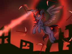 Size: 1080x810 | Tagged: safe, oc, oc:blood moon, alicorn, pony, fallout equestria, game: fallout equestria: remains, blast, blood moon, blurry background, evil grin, female, flying, glowing, glowing eyes, grin, magic, magic beam, magic blast, mare, moon, red eyes, scythe, smiling, solo