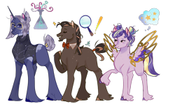 Size: 2114x1257 | Tagged: safe, artist:bunnari, oc, oc only, oc:logical answer, oc:scientific witchery, oc:starry eyes, earth pony, pegasus, pony, unicorn, female, male, offspring, parent:derpy hooves, parent:doctor whooves, parent:twilight sparkle, parents:doctorderpy, parents:doctwi, parents:twerpy, simple background, stallion, teenager, transparent background