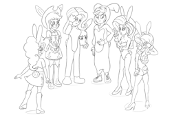 Size: 2400x1600 | Tagged: safe, artist:cybersquirrel, applejack, fluttershy, pinkie pie, rainbow dash, rarity, sunset shimmer, human, equestria girls, g4, animal costume, animal onesie, ass, breasts, bunny costume, bunny ears, bunny suit, bunset shimmer, butt, cleavage, clothes, costume, face paint, fursuit, high heels, kigurumi, monochrome, onesie, shoes, simple background, sketch, white background