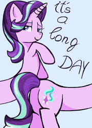 Size: 830x1154 | Tagged: safe, artist:sallycars, starlight glimmer, pony, unicorn, g4, butt, female, glimmer glutes, long glimmer, long pony, mare, meme, plot, smiling, solo, text