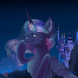 Size: 4000x4000 | Tagged: safe, artist:ryano-0, princess luna, alicorn, pony, g4, canterlot, female, night, profile, scenery, solo