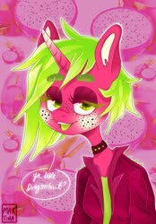 Size: 746x1070 | Tagged: safe, artist:heveagoodday, oc, oc only, unicorn, semi-anthro, bust, choker, clothes, dragonfruit, jacket, portrait, solo, spiked choker