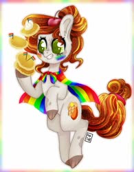 Size: 789x1013 | Tagged: safe, artist:heveagoodday, artist:meqiopeach, oc, oc only, earth pony, pony, blushing, cape, cherry, clothes, colorful, fluffy tail, food, freckles, gay pride flag, pancakes, pride, pride flag, raised hoof, solo