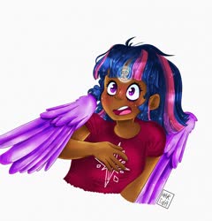 Size: 1966x2048 | Tagged: safe, artist:heveagoodday, twilight sparkle, human, g4, bust, clothes, cutie mark, cutie mark on clothes, dark skin, female, humanized, magic, magic circle, scared, shirt, solo, t-shirt, twilight sparkle (alicorn), winged humanization, wings