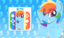 Size: 3978x2373 | Tagged: safe, artist:partypievt, rainbow dash, pegasus, pony, g4, controller, female, gradient background, high res, joycon, nintendo, nintendo switch, simple background, solo, wingding eyes