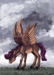 Size: 1500x2087 | Tagged: safe, artist:weird--fish, scootaloo, pegasus, pony, g4, cloud, cloudy, female, rain, sad, solo, spread wings, wings