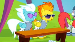Size: 1280x720 | Tagged: safe, screencap, fleetfoot, peachy swoop, spitfire, pegasus, pony, g4, rainbow falls, clothes, female, folded wings, headset, sunglasses, tracksuit, warmup suit, wings