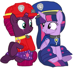 Size: 1145x1056 | Tagged: safe, alternate version, artist:徐詩珮, fizzlepop berrytwist, tempest shadow, twilight sparkle, alicorn, pony, unicorn, series:sprglitemplight diary, series:sprglitemplight life jacket days, series:springshadowdrops diary, series:springshadowdrops life jacket days, g4, alternate universe, background removed, base used, broken horn, chase (paw patrol), clothes, cute, cutie mark, cutie mark on clothes, dress, eyelashes, female, grin, hat, helmet, horn, lesbian, mare, marshall (paw patrol), paw patrol, paw prints, ship:tempestlight, shipping, simple background, sitting, smiling, transparent background, twilight sparkle (alicorn)