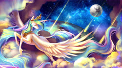 Size: 11339x6378 | Tagged: safe, artist:shu-jeantte, princess celestia, pony, g4, absurd resolution, earth, female, flying, mare in the moon, meteor, moon, solo, space