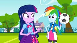 Size: 1280x720 | Tagged: safe, artist:fluttercool, screencap, rainbow dash, twilight sparkle, equestria girls, equestria girls (movie), backpack, clothes, compression shorts, day, female, football, skirt, sports, wristband