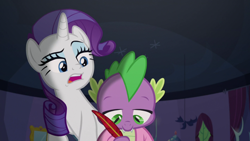 Size: 1920x1080 | Tagged: safe, screencap, rarity, spike, dragon, pony, unicorn, dragon dropped, g4, duo, female, male, mare, quill, spike's room, twilight's castle, winged spike, wings