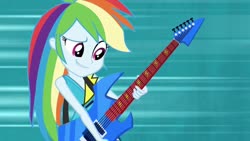 Size: 1280x720 | Tagged: safe, screencap, rainbow dash, equestria girls, g4, my little pony equestria girls: rainbow rocks, clothes, female, guitar, musical instrument, sliding background, solo, welcome to the show