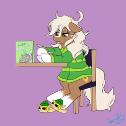 Size: 1500x1500 | Tagged: safe, artist:darnelg, earth pony, pony, bathrobe, clothes, eating, epona, epony, female, mare, messy mane, ponified, robe, sitting, slippers, solo, the legend of zelda, tired, tired eyes