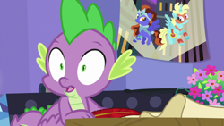 Size: 1920x1080 | Tagged: safe, screencap, sagittiara, spike, wonder mare, dragon, dragon dropped, g4, male, power ponies, quill, scroll, solo, spike's room, twilight's castle, winged spike, wings