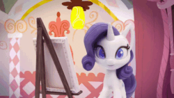 Size: 800x450 | Tagged: safe, screencap, rarity, pony, unicorn, g4.5, my little pony: stop motion short, rarity's paintful pony portrait, animated, beret, drawing, easel, female, gif, happy, hat, looking at something, magic, pencil, solo, stop motion, telekinesis