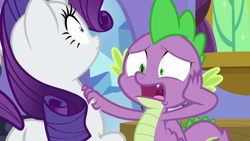 Size: 1920x1080 | Tagged: safe, screencap, rarity, spike, dragon, pony, unicorn, dragon dropped, g4, duo, female, male, mare, mawshot, open mouth, uvula