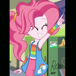 Size: 1080x1080 | Tagged: safe, artist:rjp.rammy, bifröst, equestria girls, g4, armband, armpits, clothes, diabifröst, equestria girls-ified, eyes closed, female, friendship student, grin, lockers, pants, pointing, ponytail, sleeveless, smiling, solo, tank top, vest