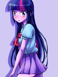 Size: 1080x1440 | Tagged: safe, artist:tastyrainbow, twilight sparkle, equestria girls, g4, blushing, bow, clothes, cute, female, hand, open mouth, shy, skirt, solo, twiabetes