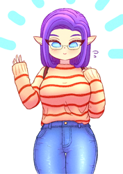 Size: 2508x3541 | Tagged: safe, artist:sigpi, rarity, anthro, g4, alternate hairstyle, clothes, elf ears, female, glasses, high res, jeans, looking at you, nerd, pants, solo