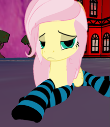 Size: 651x754 | Tagged: safe, alternate version, artist:melimoo2000, fluttershy, pegasus, pony, g4, 3d, alternate hairstyle, alternate universe, clothes, eyebrows, female, frown, grumpy, house, lidded eyes, long mane, looking at you, pathway, second life, sitting, socks, solo, striped socks, tree, unamused, wings