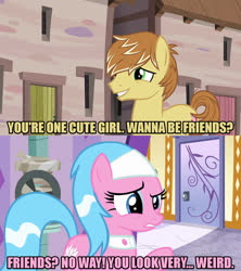 Size: 1280x1440 | Tagged: safe, anonymous editor, edit, edited screencap, screencap, aloe, feather bangs, earth pony, pony, applejack's "day" off, g4, hard to say anything, caption, duo, female, image macro, male, mare, meme, stallion, text