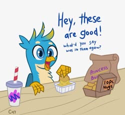 Size: 1308x1203 | Tagged: safe, artist:handgunboi, gallus, bird, chicken, griffon, g4, burger king, cannibalism joke, carnivore, chicken meat, chicken nugget, cute, dialogue, dipping sauce, drink, food, gallabetes, gallus the rooster, implied cannibalism, male, meat, nugget, oh no, paper bag, redraw, simple background, soda, solo, table, this will not end well, white background, wood