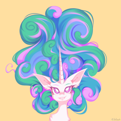 Size: 4000x4000 | Tagged: safe, artist:jun1313, princess celestia, pony, g4, absurd resolution, bust, chest fluff, cute, cutelestia, ear fluff, female, flowing mane, heart eyes, huge mane, mare, portrait, simple background, smiling, solo, wingding eyes, yellow background