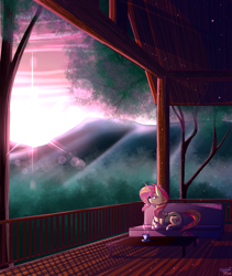 Size: 1600x1900 | Tagged: safe, artist:celes-969, sunset shimmer, pony, unicorn, g4, cup, female, fence, looking at each other, peaceful, relaxing, solo, sunset, tree, wood