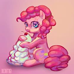 Size: 2000x2000 | Tagged: safe, artist:lloline, pinkie pie, earth pony, pony, g4, cake, cherry, cute, diapinkes, female, food, high res, looking at you, mare, pink background, simple background, sitting, solo, whipped cream