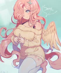 Size: 1280x1533 | Tagged: safe, artist:_aung110900, fluttershy, human, g4, bare shoulders, big breasts, blushing, bra, breasts, busty fluttershy, clothes, cute, dialogue, elf ears, female, hair over one eye, humanized, off shoulder, off shoulder sweater, shoes, shyabetes, socks, solo, speech bubble, sweater, sweatershy, thigh highs, underwear, winged humanization, wings