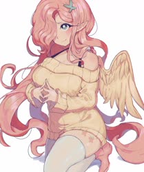 Size: 1280x1533 | Tagged: safe, alternate version, artist:_aung110900, fluttershy, human, g4, adorasexy, bare shoulders, big breasts, blushing, bra, breasts, busty fluttershy, clothes, cute, female, hair over one eye, humanized, off shoulder, off shoulder sweater, sexy, shoes, shyabetes, simple background, socks, solo, sweater, sweatershy, thigh highs, underwear, white background, winged humanization, wings