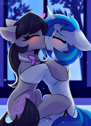 Size: 975x1350 | Tagged: safe, artist:shadowreindeer, dj pon-3, octavia melody, vinyl scratch, earth pony, pony, unicorn, g4, blushing, duo, duo female, eyes closed, female, horn, kiss on the lips, kissing, lesbian, mare, passionate, patreon, patreon exclusive, ship:scratchtavia, shipping