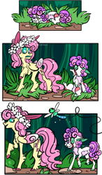 Size: 1897x3257 | Tagged: safe, artist:mrraapeti, fluttershy, sweetie belle, dragonfly, insect, pegasus, pony, unicorn, comic:wild au, g4, alternate design, alternate universe, black eye, blood, floral head wreath, flower, simple background, story included, transparent background
