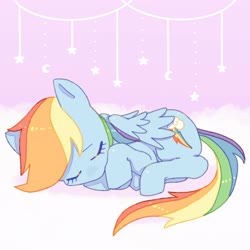 Size: 2048x2048 | Tagged: dead source, safe, artist:chapaghettii, rainbow dash, pegasus, pony, g4, crescent moon, curled up, cute, dashabetes, eyes closed, female, folded wings, high res, mare, moon, prone, sleeping, solo, stars, wings