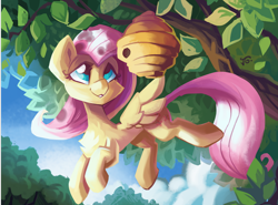 Size: 1600x1184 | Tagged: safe, artist:saxopi, fluttershy, bee, insect, pegasus, pony, g4, beehive, chest fluff, cute, female, flying, looking at something, mare, outdoors, shyabetes, smiling, solo, spread wings, tree, tree branch, wings